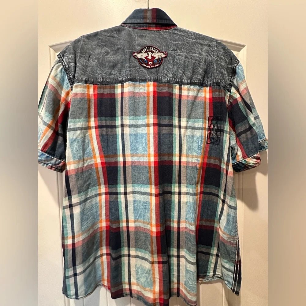 Affliction Men's Blue and Red Plaid Snap Down Shirt - Picture 6 of 9